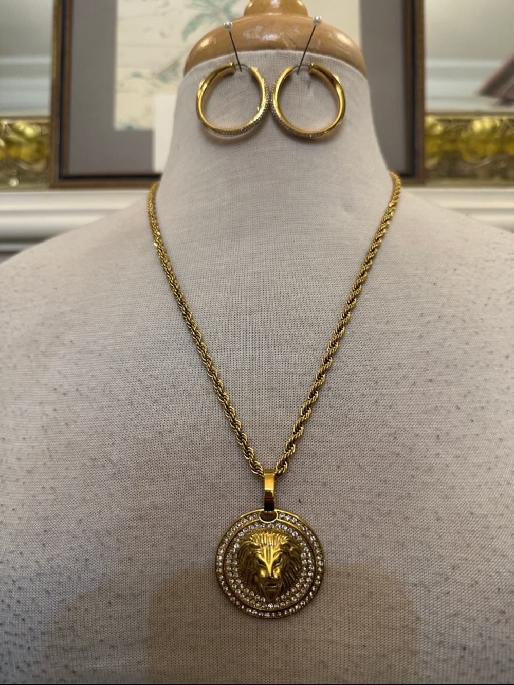 Gold Lion Medallion Pendant Necklace with Matching Hoop Earrings